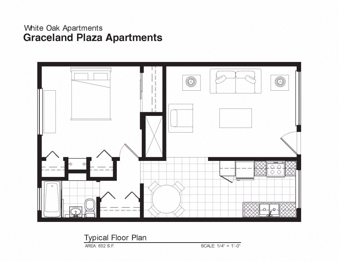Floor plan for 1 bed, 1 bath, 686 sqft
